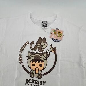 Ecstasy‎ Cats Happy Life Best Friends Size L White Short Sleeve Graphic T Shirt